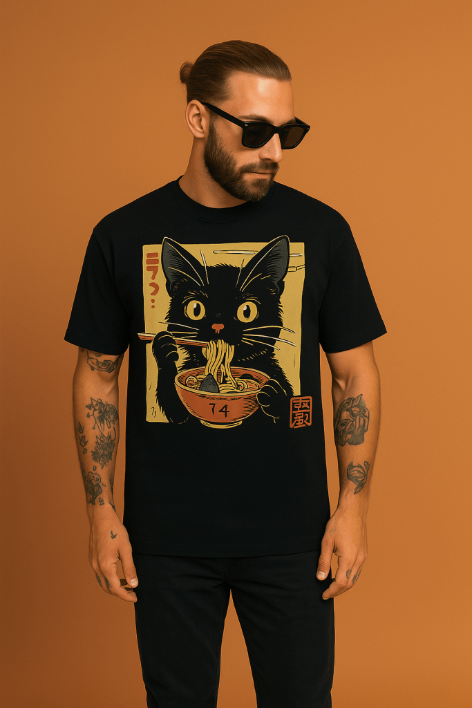 A man wearing sunglasses poses in a black t-shirt featuring a cute cartoon cat eating ramen, against a solid orange background.
