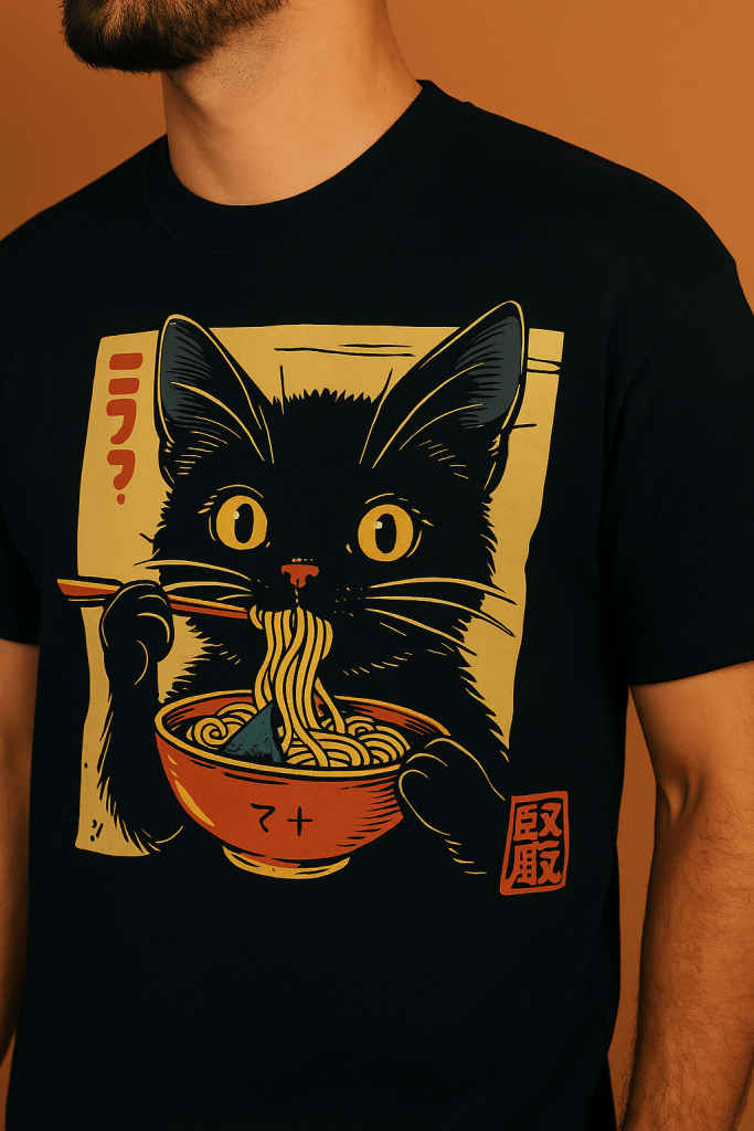 A close-up of a person wearing a black t-shirt featuring a cartoon cat eating ramen. The cat has large eyes and is holding a bowl of noodles with chopsticks. The background is a warm orange color.