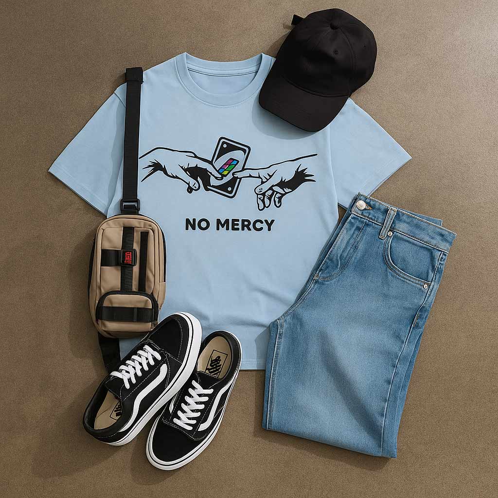 A flat lay of a blue t-shirt with a 'No Mercy' graphic, paired with denim jeans, black sneakers, a black cap, and a beige crossbody bag.