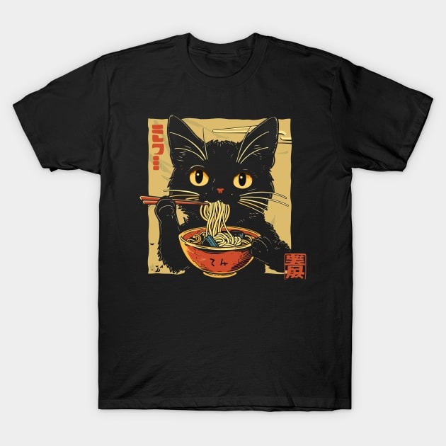 Black cat eating ramen, funny style and Japanese