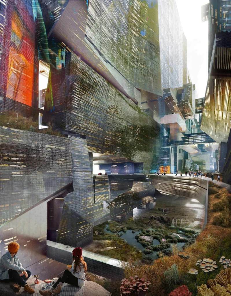 Artistic rendering of a futuristic urban environment within The Line project, featuring modern architecture, green spaces, and people relaxing by a waterway.