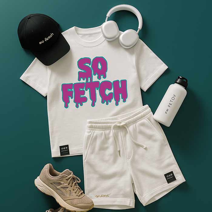 A flat lay of a casual outfit featuring a white t-shirt with the text 'SO FETCH' in colorful dripping font, paired with white shorts, a black cap, headphones, a water bottle, and beige sneakers.